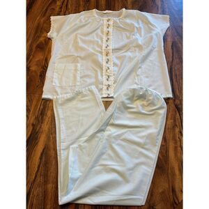 Vtg Katz Pajamas Set Long Pants Short Sleeve Cotton Poly Baby Blue Needlework